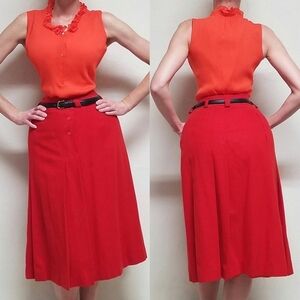 German Vintage 70s Mondi Red Wool Button Asymmetric Pleat Modest Midi Skirt 12/L